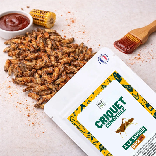 Criquets grillés comestibles saveur BBQ présentés en sachet
