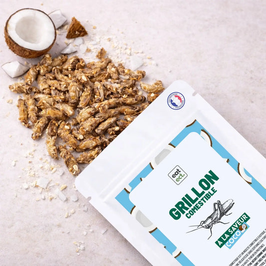 Grillons comestibles saveur coco présentés en sachet